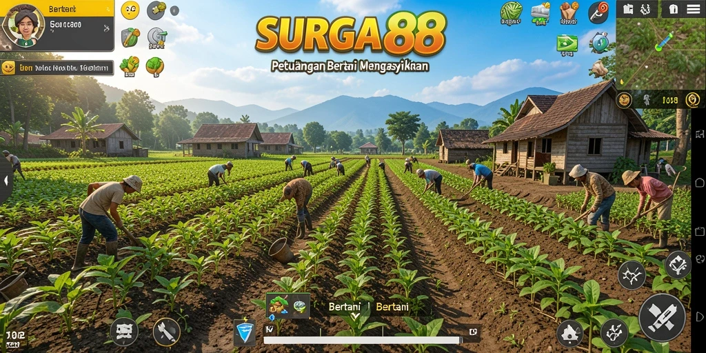 Tampilan antarmuka game Bertani yang menarik dan penuh warna.